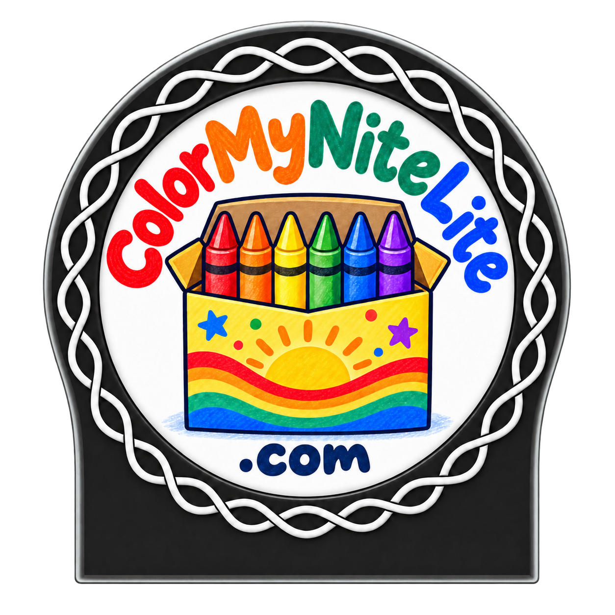 Color My NiteLite crayon logo inside our black frame with white chain inlay
